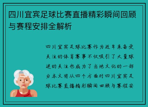 四川宜宾足球比赛直播精彩瞬间回顾与赛程安排全解析