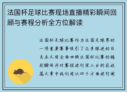 法国杯足球比赛现场直播精彩瞬间回顾与赛程分析全方位解读